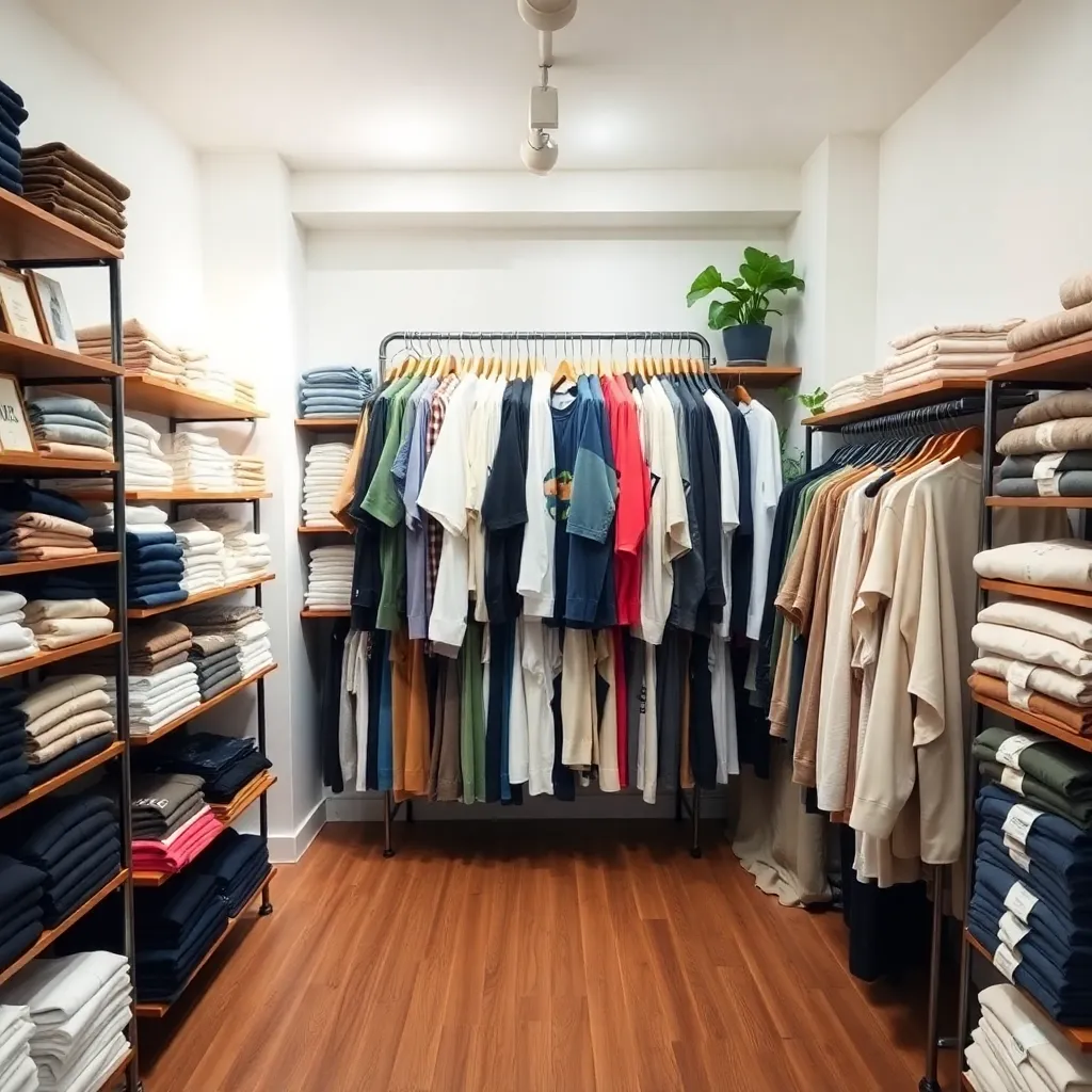 The space has wooden flooring, white walls, and a cozy, slightly cluttered look, like a real indie fashion shop. Overhead lighting is bright but soft, casting natural shadows. To the left and right, shelves and racks line the walls, holding stacks of folded cotton shirts and pre-folded sweatshirts with tags visible.